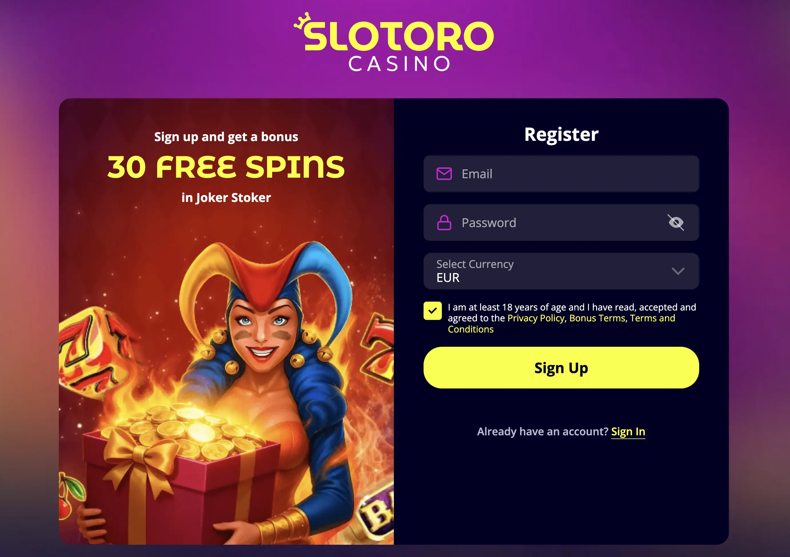 Anteprima dell'offerta Slotoro per nuovi iscritti